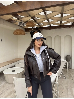 Kahverengi Kapüşonlu Deri Ceket