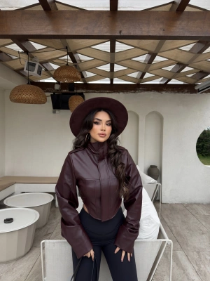 Bordo Korse Detay Dik Yaka Deri Ceket