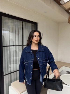 Koyu Mavi Taş Detay Kot Ceket