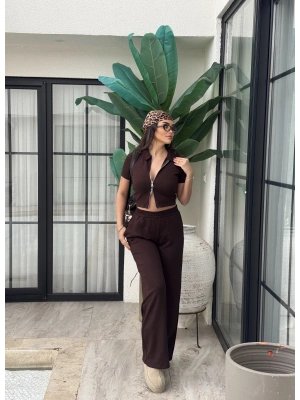 Kahverengi Polo Yaka Çift Fermuarlı Alt Üst Takım