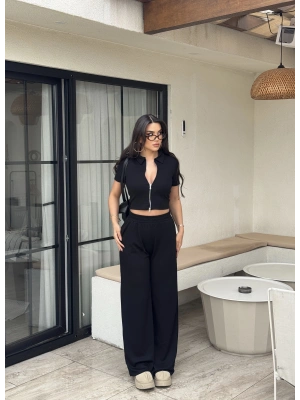 Siyah Polo Yaka Çift Fermuarlı Alt Üst Takım