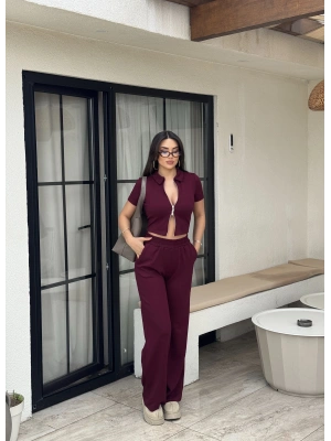 Bordo Polo Yaka Çift Fermuarlı Alt Üst Takım