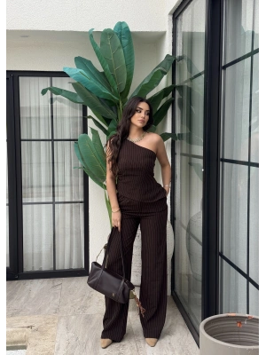 Kahverengi Çizgili Tek Omuz Double Alt Üst Takım
