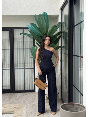 Lacivert Çizgili Tek Omuz Double Alt Üst Takım