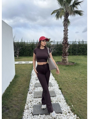 Kahverengi Kısa Kollu Brshk Tayt Pantolon Takım