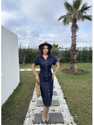 Koyu Mavi Drapeli Düğme Detay Elbise