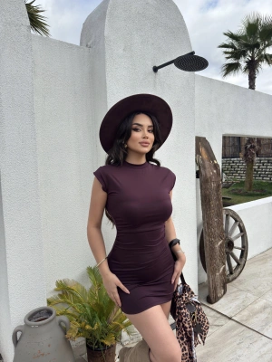 Mürdüm Dik Yaka Mini Elbise