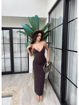 Kahverengi V Yaka Uzun Premium Elbise