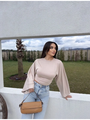 Bej Bisiklet Yaka İspanyol Kol Crop Tshırt