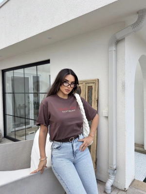 Kahverengi Baskılı Oversize Tshırt