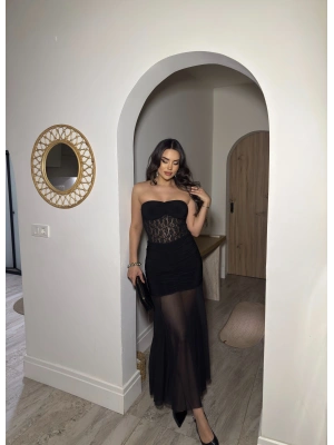 Siyah Straplez Dantel Detay Eteği Tül Uzun Elbise