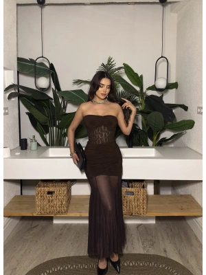 Kahverengi Straplez Dantel Detay Eteği Tül Uzun Elbise