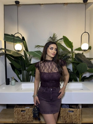 Mürdüm Dantel Detay Astarlı Bluz