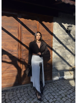 Beyaz Güpür Detay Uzun Etek