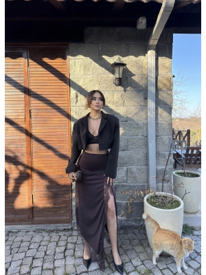 Kahverengi Güpür Detay Uzun Etek