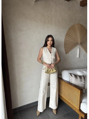 Ekru Kemerli Denim Pantolon Düğmeli Yelek Takım