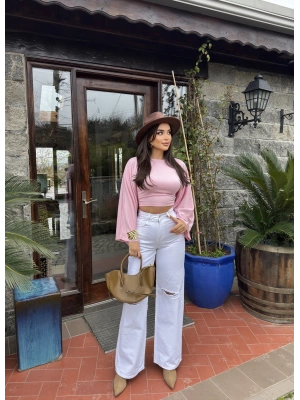 Beyaz Yırtık Palazzo Pantolon