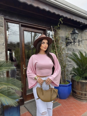 Pembe Bisiklet Yaka İspanyol Kol Crop Tshırt