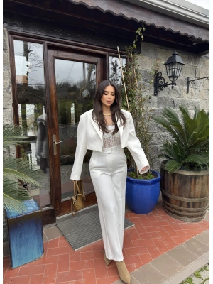 Beyaz Gizli Düğme Tam Kalıp Kumaş Pantolon