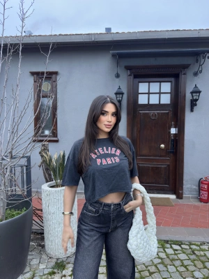 Füme Baskılı Yıkamalı Crop Tshırt