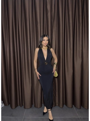 Siyah G Tokalı Uzun Elbise