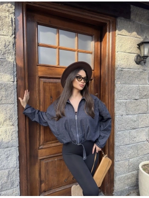 Koyu Mavi Kemer Detay Oversize Kot Ceket