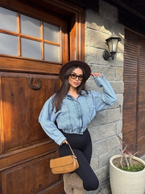 Buz Mavisi Dik Yaka Kot Ceket