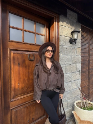 Kahverengi Kemer Detay Oversize Kot Ceket