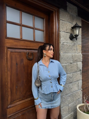 Mavi Gold Düğmeli Korseli Gömlek