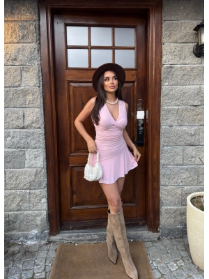 Toz Pembe Kruvaze Yaka Şortlu Elbise
