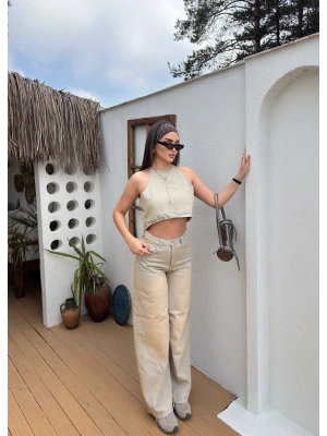 Eskitme Kumaş Boyundan Bağlamalı Denim Takım