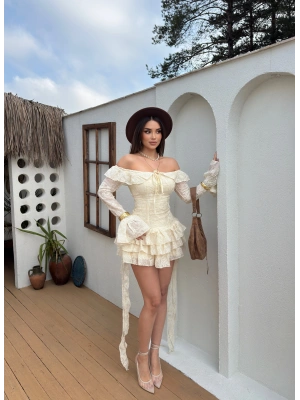 Bej Gipeli Tasarım Mini Elbise