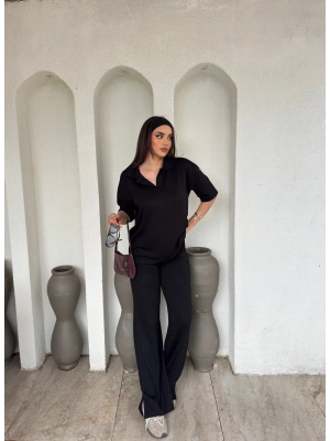 Siyah Polo Yaka Oversize Modal Takım