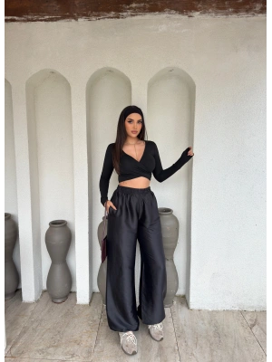 Siyah Saten Barrel Fit Pantolon