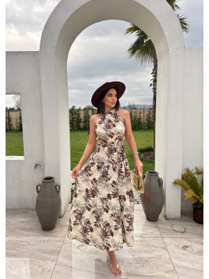 Bej Desenli Tasarım Uzun Elbise