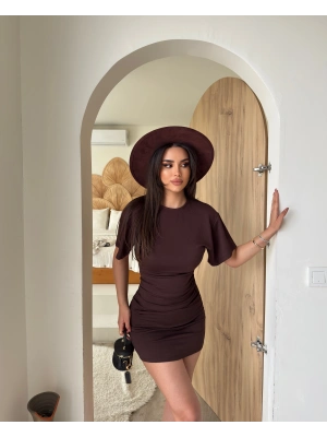 Kahverengi Drapeli Bisiklet Yaka Basic Mini Elbise