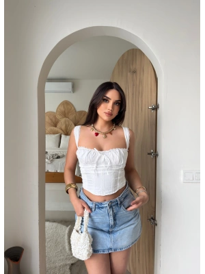 Beyaz Poplin Korse Detay Crop
