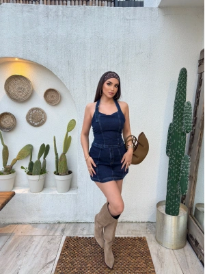 Denim Boyundan Geçirmeli Crop Etek Takım