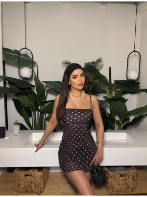 kahverengi Puantiyeli Askılı Mini Elbise