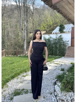 Siyah Düşük Omuz Double Kumaş Takım