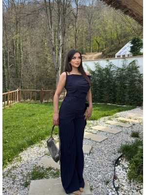 Lacivert Çizgili Düşük Omuz Double Kumaş Takım