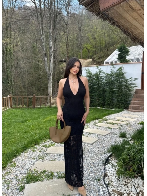 Siyah Boyundan Bağlamalı Çan Dantel Elbise