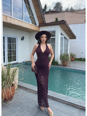 Mürdüm Boyundan Bağlamalı Çan Dantel Elbise