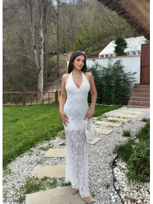 Beyaz Boyundan Bağlamalı Çan Dantel Elbise