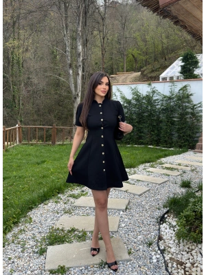 Siyah Çelik Kumaş Gold Düğmeli Elbise
