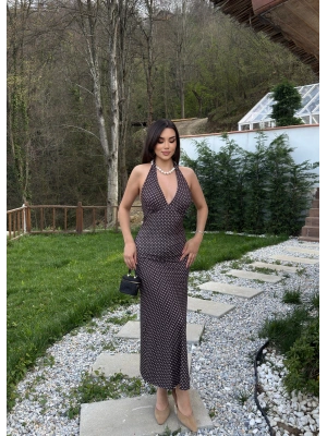 Kahverengi Boyundan Bağlamalı Puantiyeli Uzun Elbise