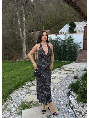 Siyah Boyundan Bağlamalı Puantiyeli Uzun Elbise