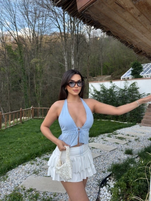 Mavi Keten Tasarım Fiyonk Bluz