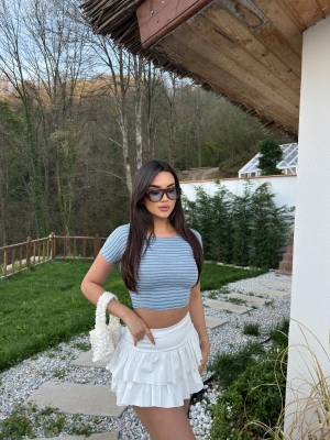 Mavi Çizgili Kısa Kol Crop Top
