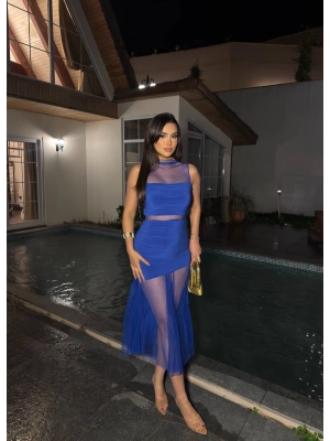 Saks Mavisi Şifon Uzun Tasarım Elbise